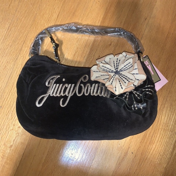 Juicy Couture Handbags - Retro Juicy Couture Pam & Gela Small Brown Flowers Hobo Velour Black Handbag